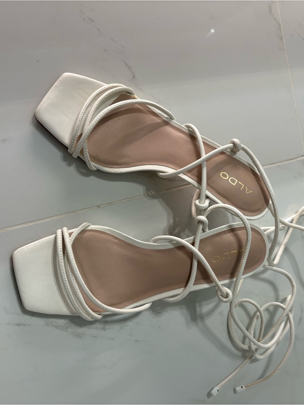 Aldo White Strappy Square-Toe Lace-Up Sandals